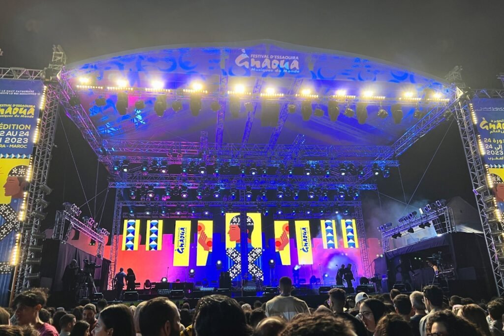 The Gnaoua Music Festival stage in Essaouira, one of Morocco's most celebrated annual events, drawing large crowds to the city.