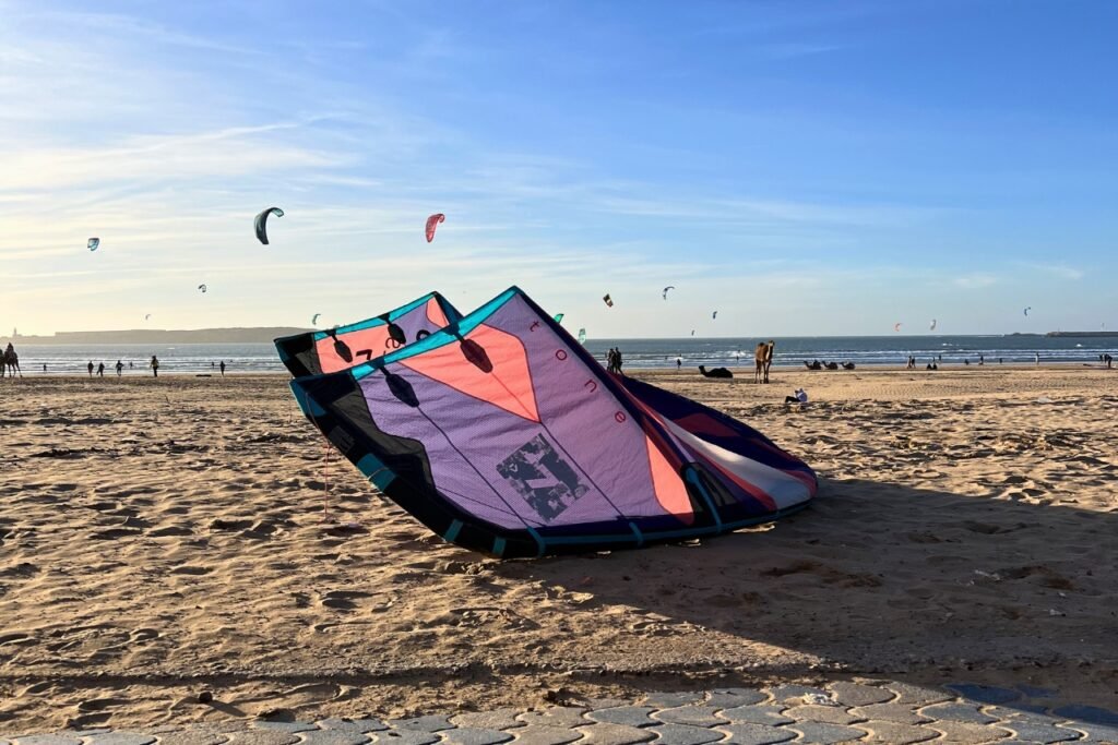 A kite at Essaouira beach before kitesurf lesson.